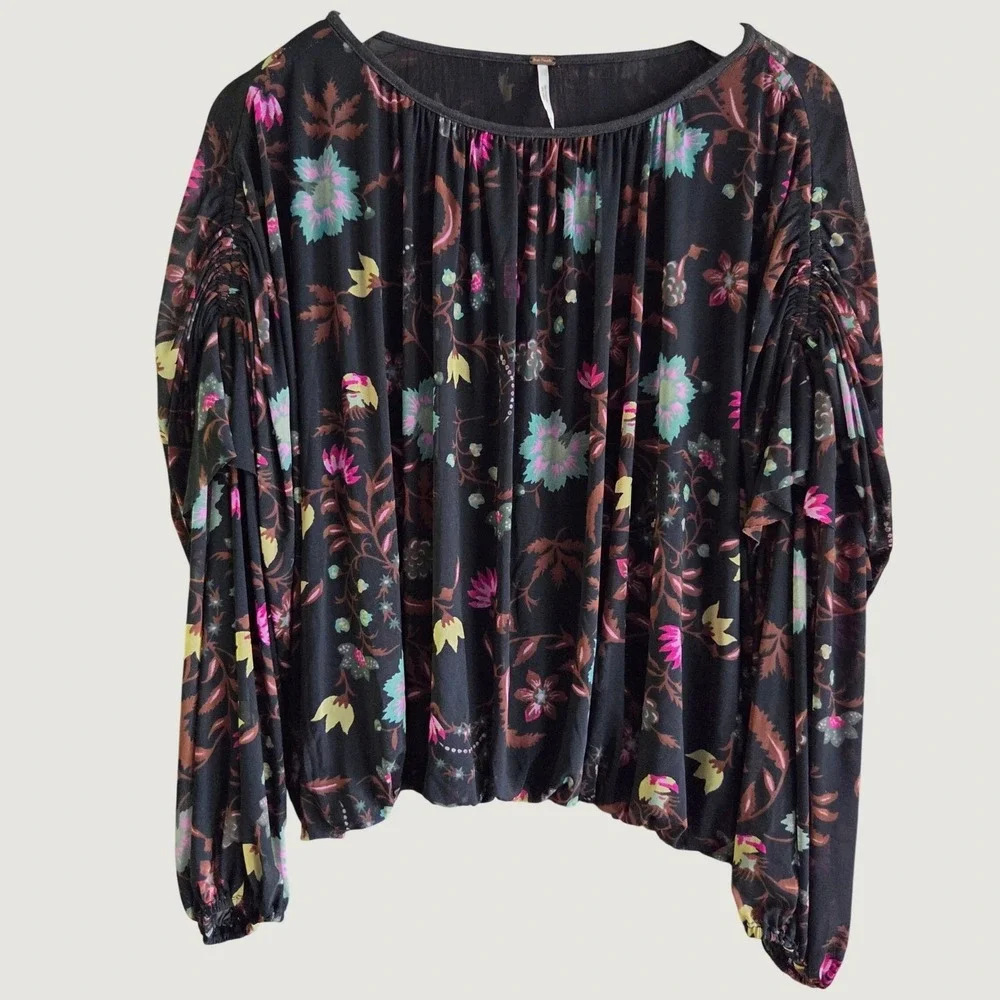 Free People Womens Black Floral Mesh Blouse Ruched Sleeve Blouson Top‎ Size M